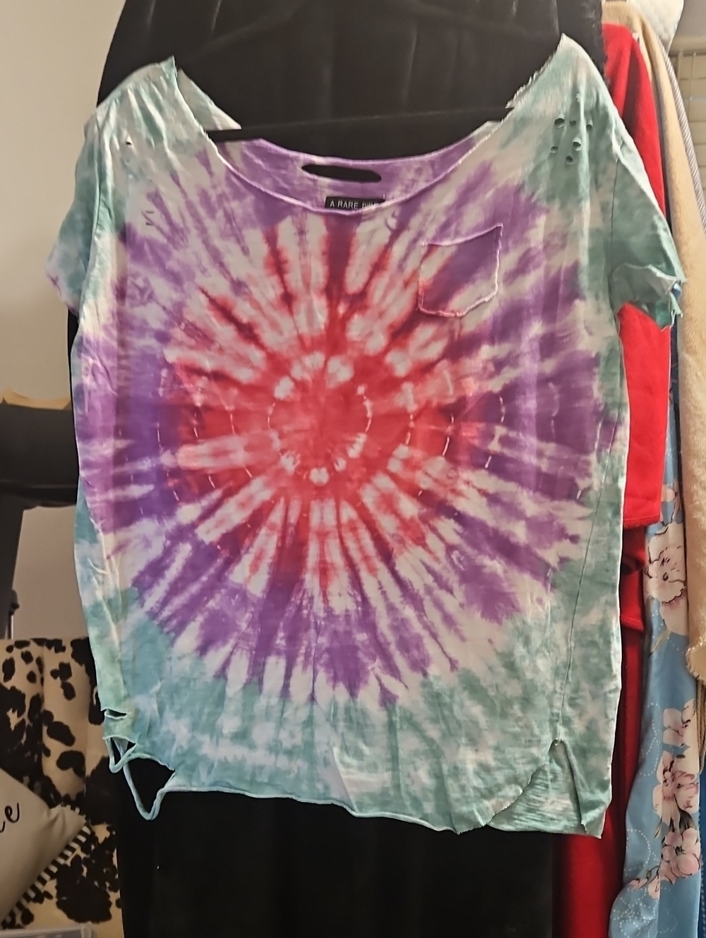 La RAE Tie-Dye Distressed Short Sleeve Tee - Purple, Red, Teal
